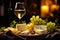 Glass of white wine, variety of cheese pieces, elegant wooden plate and luxurious atmosphere