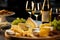 Glass of white wine, variety of cheese pieces, elegant wooden plate and luxurious atmosphere