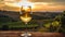 A glass of white wine with a vineyard in the background. Sunset over a beautiful grape farm with a glass of green wine standing on