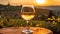A glass of white wine with a vineyard in the background. Sunset over a beautiful grape farm with a glass of green wine standing on