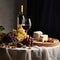 A glass of wine, a bunch of grapes and a cheese plate 1