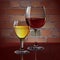 Glass wine glass with red wine, white wine, cocktail, cider. A realistic, transparent. Brick wall. Vector.