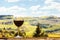 Glass of Wine on a Ledge Overlooking Vineyards in Chianti Italy