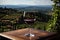 glass of wine on a rustic table, set against a beautiful rural backdrop.