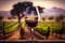 Glass of wine with view of vineyard. Generative AI