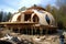 A glass and wood dome house under construction, with scaffolding and workers visible. Generative AI