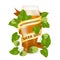 Glass wrapped with a golden ribbon and a hop plant with cones and green leaves to International Beer Day. Vector realistic