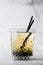 Glasse of iced green tea with lemon, overhead view. isolated on bright marble background. Overhead view, copy space. Advertising