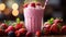 Glasse of Tasty Red Strawberry Milkshake With Strawberries Blurry Background