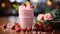 Glasse of Tasty Red Strawberry Milkshake With Strawberries Blurry Background