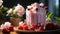 Glasse of Tasty Red Strawberry Milkshake With Strawberries Blurry Background