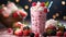 Glasse of Tasty Red Strawberry Milkshake With Strawberries Blurry Background