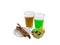 Glasses of beer green camp with clover with delicious sausage on a snack on a white background. Feast of St. Patrick`s Day