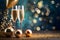 Glasses, champagne gold, streamers, baubles, confetti and bokeh effect in the background.New Year\\\'s Eve