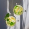 Glasses with chilled lemon mojito with green mint leaves and pieces of sour yellow lemon on a gray background. Top view