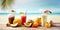 Glasses with cold refreshing summer drinks. Ice lemonade and tropical exotic fruits on sand beach on sky and palm leaf background