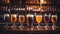 Glasses with craft beer on wooden bar. Closeup of seven glasses of draught beer in a pub created with Generative AI