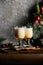 Glasses with delicious eggnog drink on