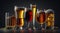 Glasses of different tasty beer on table. Generative AI