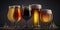 Glasses of different tasty beer on table. Generative AI