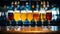 Glasses with different types of beer on bar counter, closeup, Stylish beer glasses full of beer on the bar stand, AI