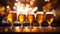 Glasses with different types of beer on bar counter, closeup, Stylish beer glasses full of beer on the bar stand, AI