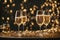 Glasses filled with bubbly champagne, celebrate, cheer. Merry New Year and Merry Christmas