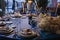 Glasses, forks, knives, plates on a table in restaurant served for dinner.