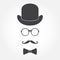 Glasses, hat, mustache and bowtie. Old fashioned gentleman accessories icon set. Vintage or hipster style. Vector illustration.