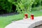 Glasses with hot Turkish tea on brick parapet wall