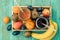 Glasses of juise with fruits on table