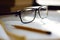 Glasses lying in the workplace, among a notebook, pencil and other items