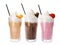 Glasses with milk shakes on white background