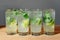 Glasses of Mojito party drinks with Lime, Mint, and Bubbly water