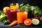 Glasses of multicolour fruit and vegetable juices surrounded by fruits and vegetables. Created with Generative AI