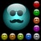 Glasses and mustache icons in color illuminated glass buttons