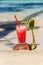 Glasses with red drink and straw stands on a fallen coconut.