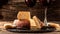 Glasses of red wine with appetizer, slices of cheese on wooden table