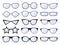 Glasses silhouette. Stylish frame eyeglasses, black eyewear models. Fashion spectacles glass. Hipster sunglasses. Vector