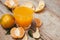 Glasses of tangerines orange juice and fruits, high vitamin C