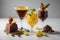 Glasses of tasty cocktails with fruits and chocolate on table, closeup. generative ai