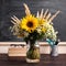 Glasses teacher books and wildflowers bouquet on the table, on background blackboard with chalk. The concept of the teacher`s day