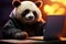 Glasses wearing panda, mouth agog, absorbed in laptops enchanting world