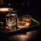 Glasses of whiskey close-up. Product photography. Glass of old whiskey standing on a table in a luxury bar. Composition of whiskey