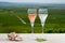 Glasses of white and rose brut champagne wine, firestones from vineyards soil and view on grand cru vineyards of Montagne de Reims