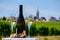 Glasses of white wine from vineyards of Pouilly-Fume appelation and example of flint pebbles soil, near Pouilly-sur-Loire,
