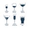 Glassware liquor red wine vermouth martini champagne beer line art in flat style. Restaurant alcoholic illustration for