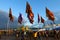 Glastonbury music festival crowds mud tents flags