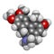 Glaucine alkaloid molecule. Found in yellow hornpoppy (Glaucium flavum) and a number of other plants. 3D rendering. Atoms are