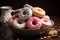 A glazed ceramic pot overflows with an irresistible assortment of donuts